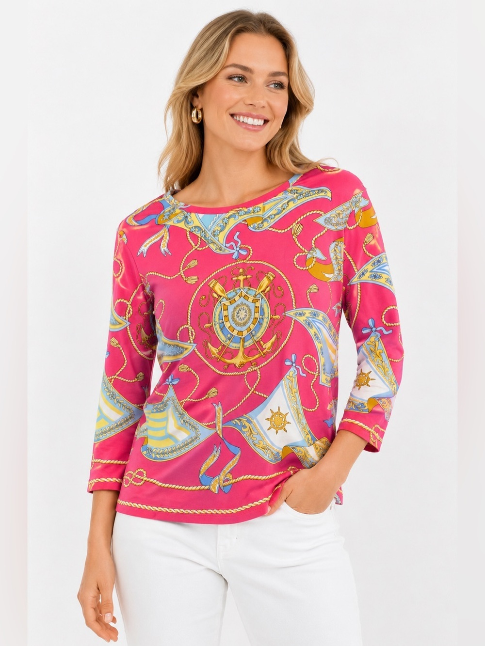 J McLaughlin Catalina Cloth Signature Top L Pink Maritime Anchor Print